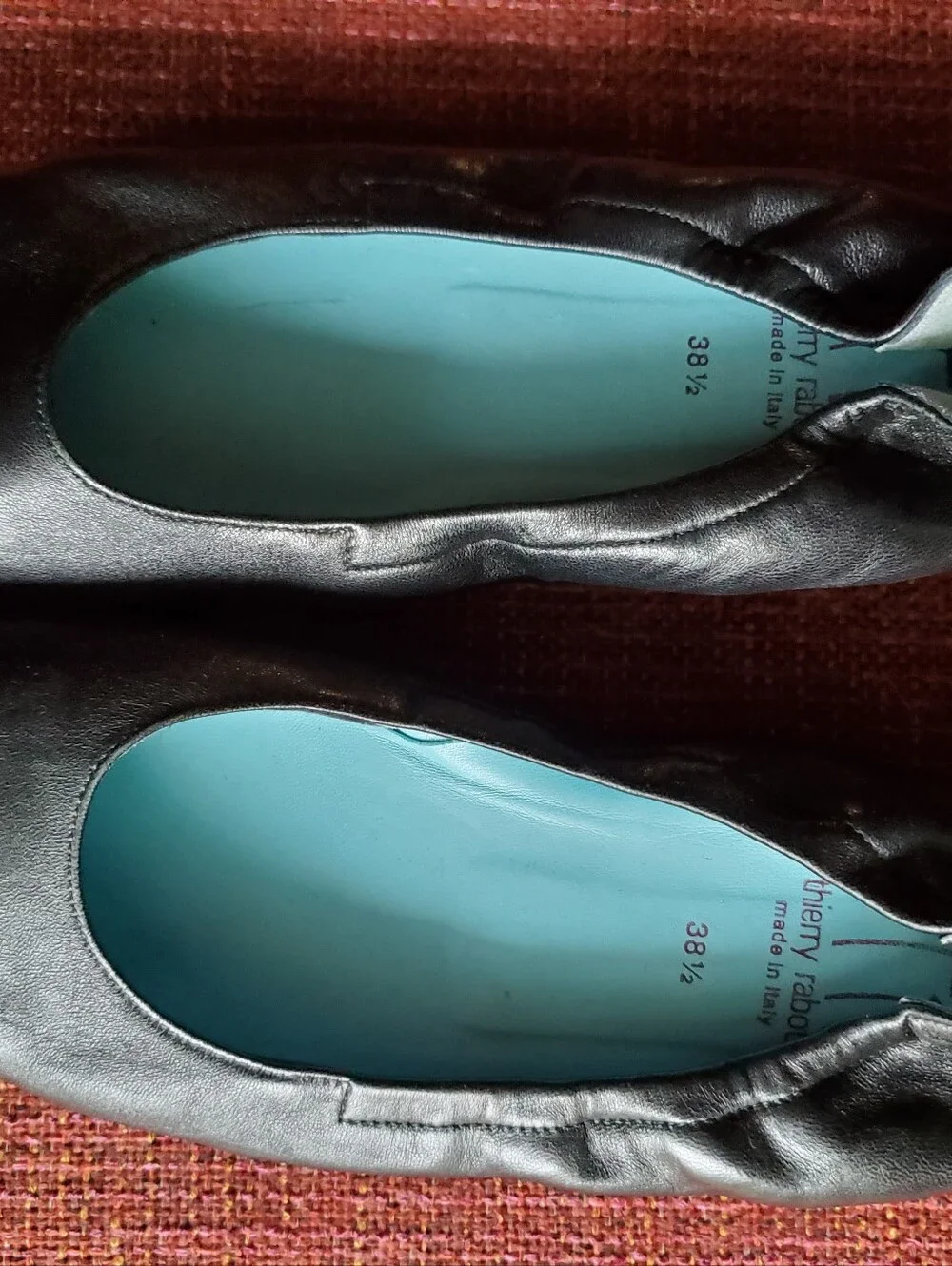 Thierry Rabotin Black Leather Ballet Flats with Turquoise Insole